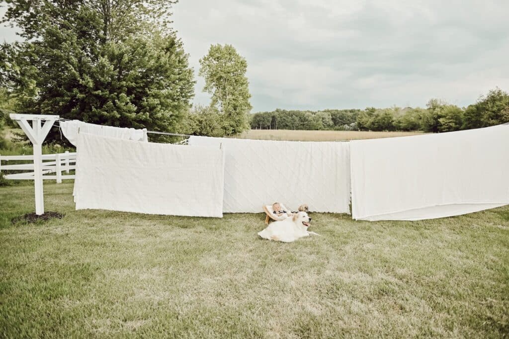 A view of DIY farmhouse clotheslines idea with white clothes on it along with a baby and dog