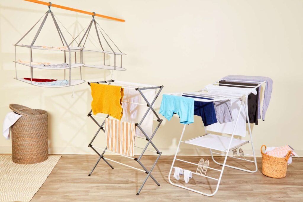 A view of various clothes drying racks