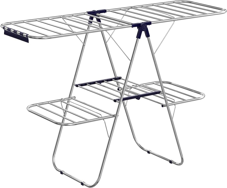 An indoor metal clothesline drying rack