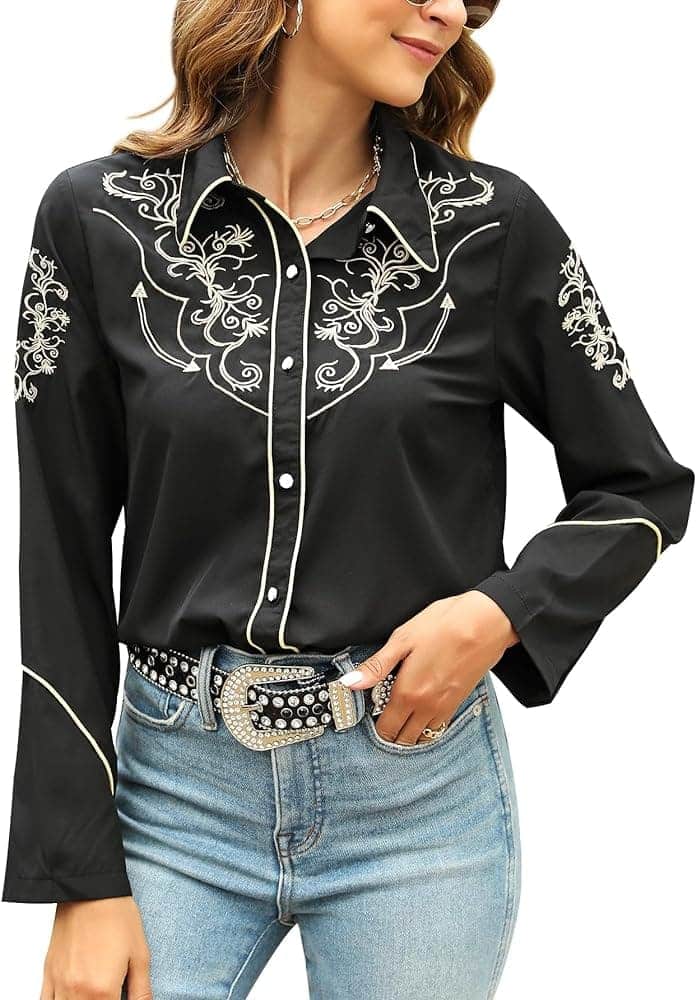 Girl styling black shirt with white embroidery