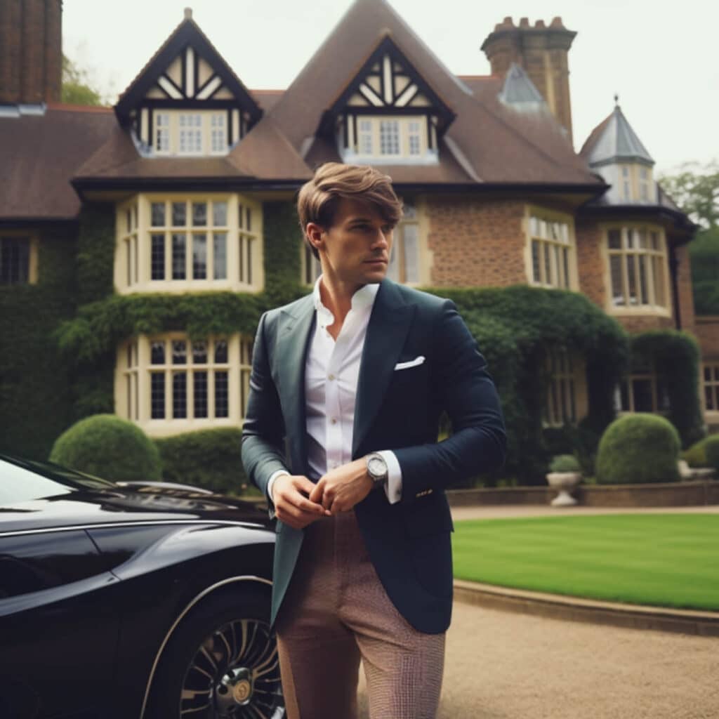 a boy wearing blue blazor white dress shirt a watch standing infront of a house