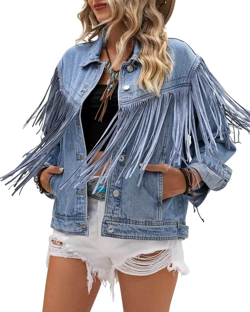 a girl wearing denim jacket with fringes