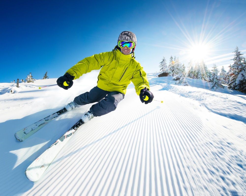 A view of a person skiing with clothes on