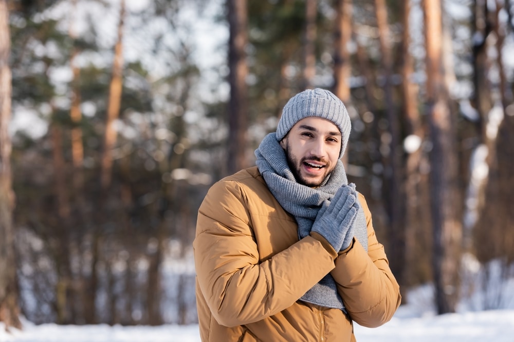 Bearded Man In Gloves And Hat Smiling At Camera In