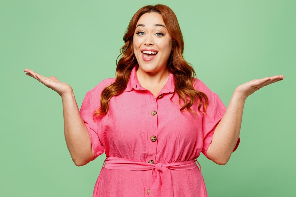 Young Surprised Shocked Overjoyed Fun Chubby Overweight Redhead Woman Wear