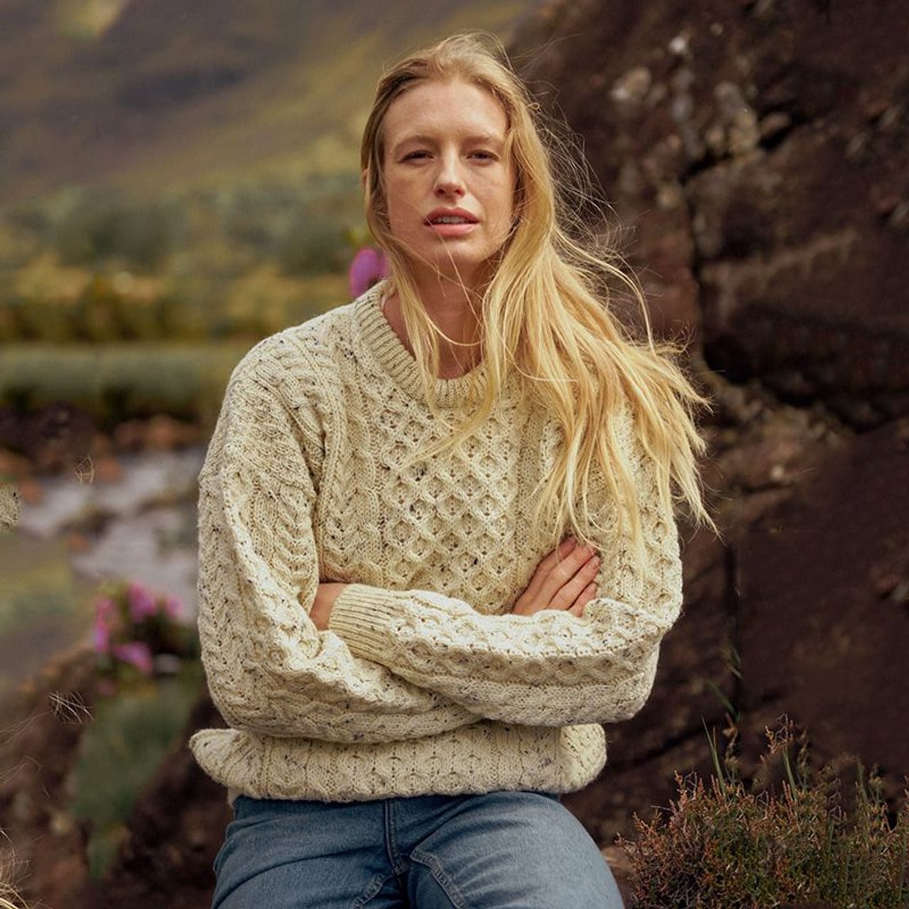 lady wearing Lightweight Traditional Aran Wool Sweater